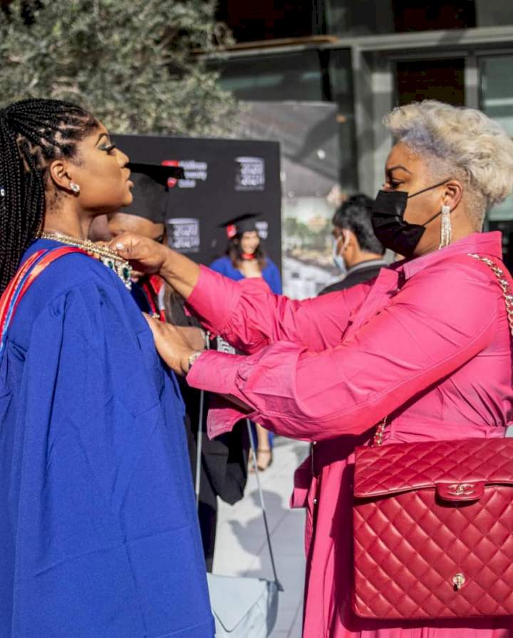 Actress Omotola Jalade-Ekeinde celebrates as her first daughter, Princess, bags MSc from a Dubai University (photos)