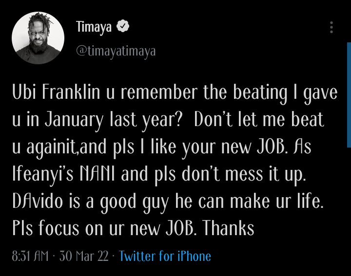 'Remember the beating I gave you in January last year? Don't let me beat you again' - Timaya sternly warns Ubi Franklin