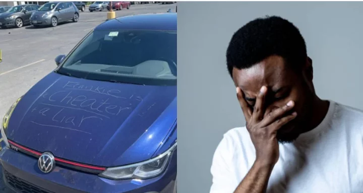 Man comes out from mall to see scratches on his car with inscription 'Frankie is a cheater'