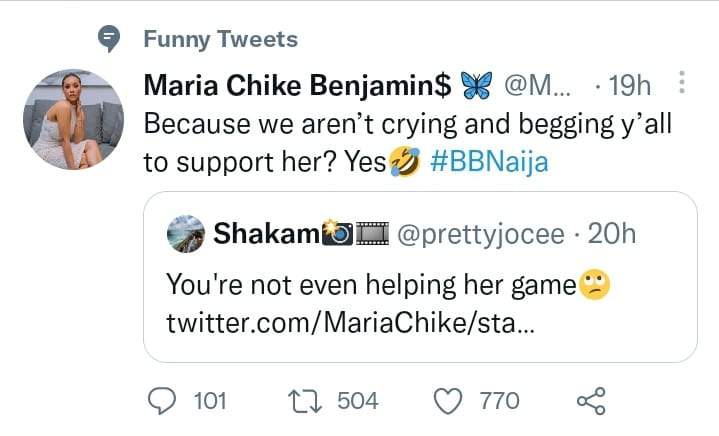 BBNaija: 'Maria is not crying and begging for you all to support her' - Maria's Twitter handler tells viewers