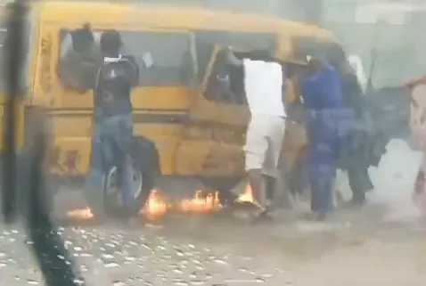 Passengers scamper for safety as commercial bus catches fire in Lagos (Video)