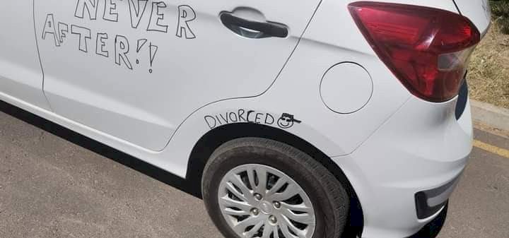 Man pens note of excitement on his car after successfully divorcing his wife
