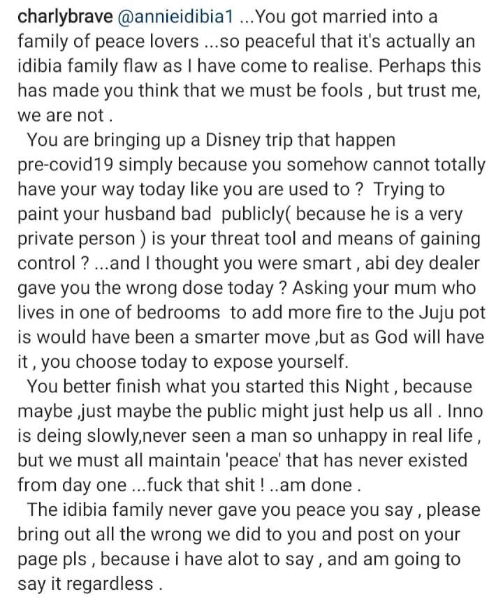 'Inno is dying slowly' Tuface Idibia's brother, Charles, hits back at Annie Idibia then accuses her mother of being involved in 'Juju'