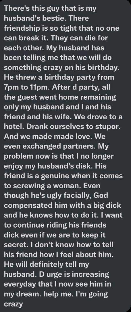 Lady seeks advice on how to leave her marriage for her husband's married best friend who is better in bed