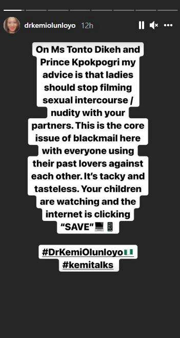 Investigative journalist, Kemi Olunloyo reacts to Tonto Dikeh and Kpokpogri's saga