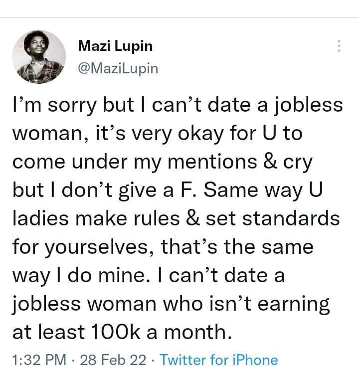'I can't date a jobless woman who isn't earning at least N100K a Month' - Twitter user says