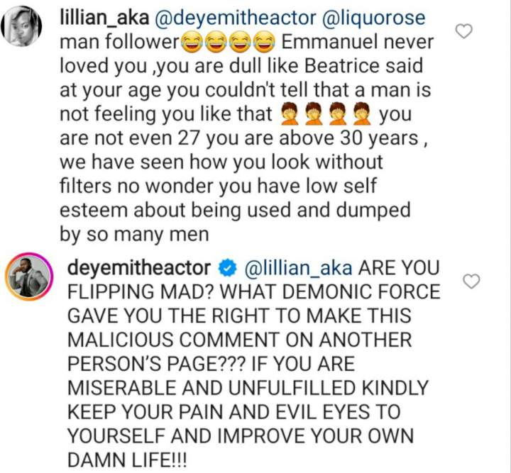 Actor Deyemi Okanlawon blasts Instagram user who left an unflattering comment on Liquorose's page