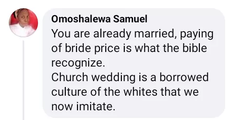 'Payment of bride price is not marriage. Don't have intercourse until after church wedding' - Nigerian man advises