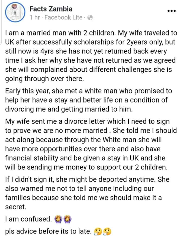 My wife wants to marry a white man for citizenship - Man seeks advice
