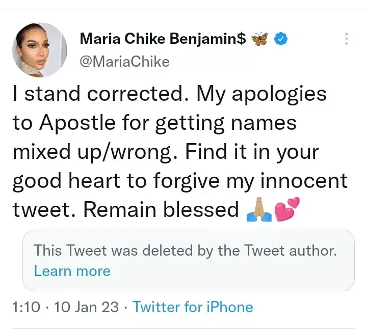 Maria Chiké pleads forgiveness after mistaking Apostle Selman for the apostle she supposedly had affair with