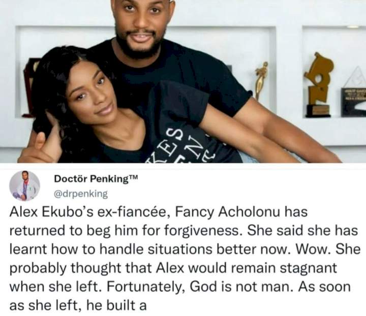She thought Alex would remain stagnant when she left - Social media commentator, Dr Peng, shares his opinion on Fancy Acholonu publicly apologizing to ex-fiance, Alex Ekubo