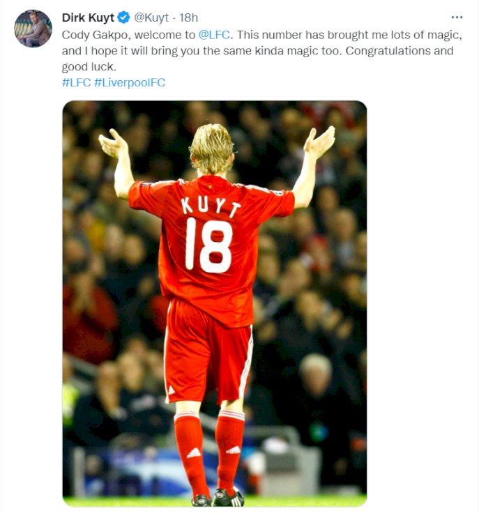 Former Liverpool striker Dirk Kuyt sends good luck message after new Reds signing Cody Gakpo was handed his old number 18 shirt