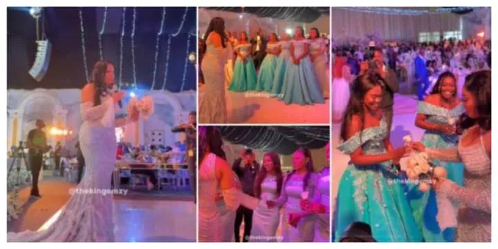 'You all need to get married' - Moment bride refuses to toss bouquet, shares flowers to all single bridesmaids (Video)