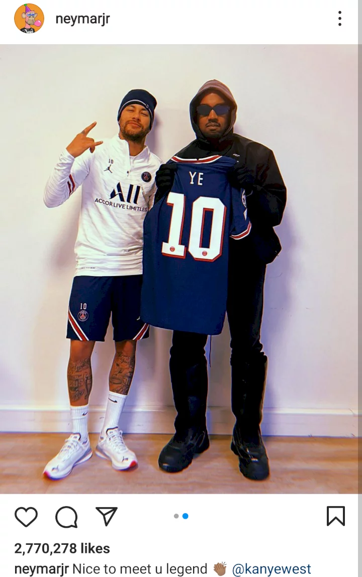 'Nice to meet you legend' - Footballer, Neymar gushes as he meets up with Kanye West (photos)