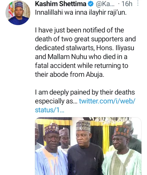 Vice president-elect, Kashim Shettima reacts as his supporters die in auto crash after paying him a congratulatory visit