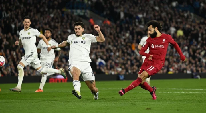 LEEDS, ENGLAND - APRIL 17: ( THE SUN OUT .THE SUN ON SUNDAY OUT ) Mohamed Salah of Liverpool scores the second goal making the score 0-2 during the Premier League match between Leeds United and Liverpool FC at Elland Road on April 17, 2023 in Leeds, England. (Photo by Andrew Powell/Liverpool FC via Getty Images)