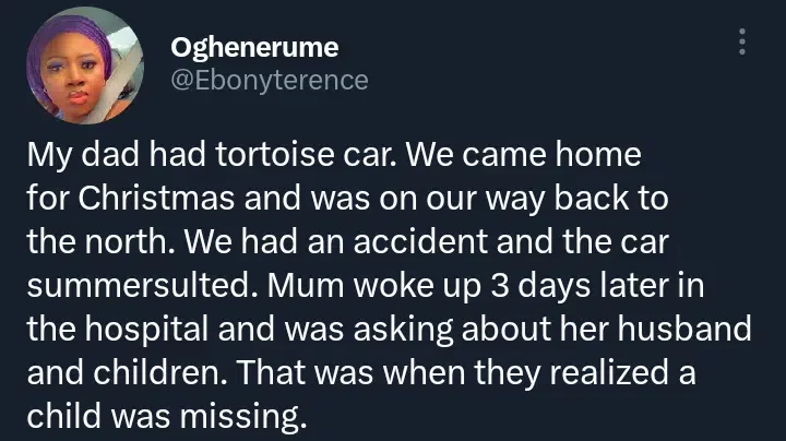 'I was at the scene for 3 days' - Nigerian lady recalls childhood miracle after an accident