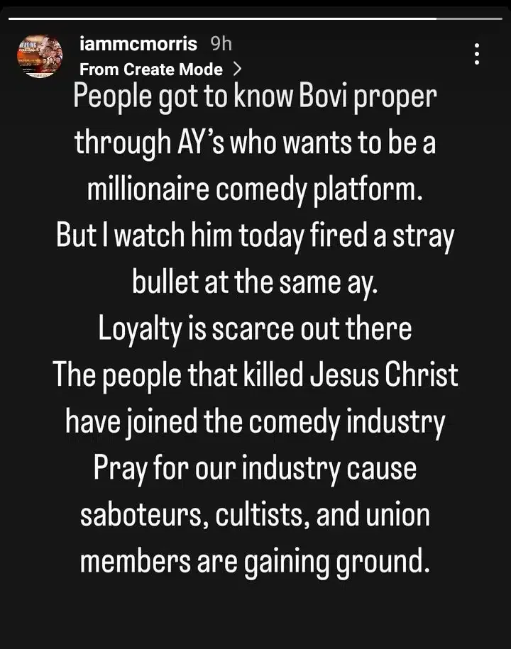 'People got to know about Bovi proper through AY's show; loyalty's scarce' - MC morris drags Bovi for shading AY