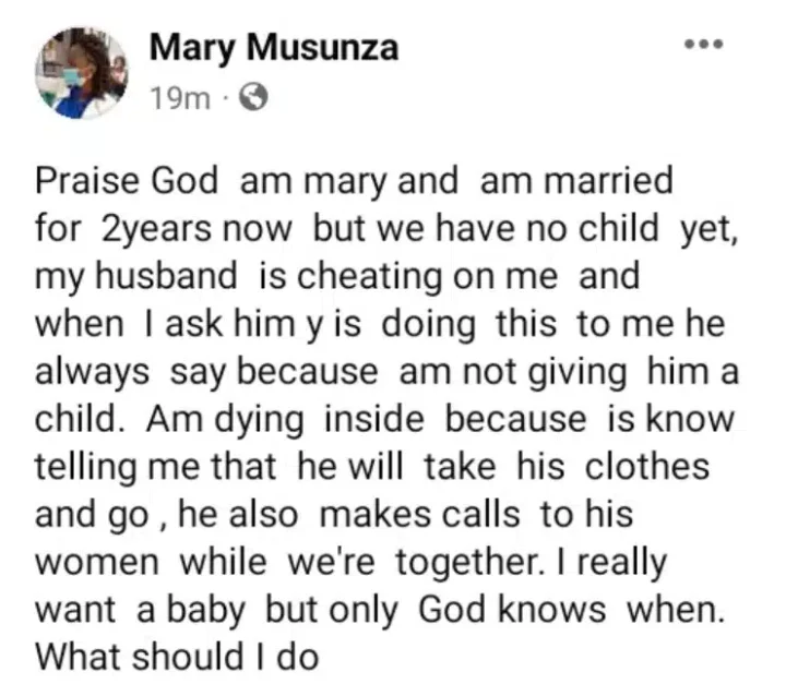 'I'm dying inside' - Married woman laments over husband's cheating due to her inability to give birth
