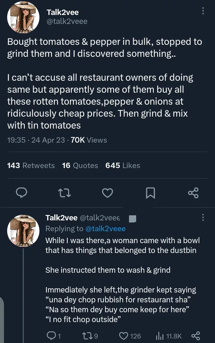Lady recounts experience at restaurant where food is made with rotten pepper