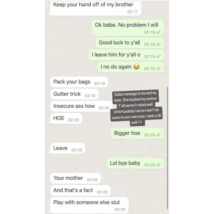 'Keep your hand off my brother' - Sina Rambo's wife, Korth leaks message she received from his sister