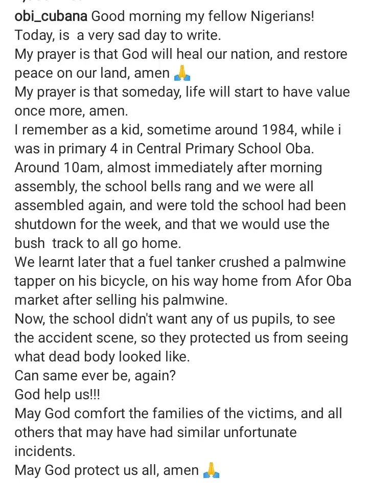 Owo Church Attack: 'My prayer is that someday, life will start to have value once more' - Obi Cubana grieves