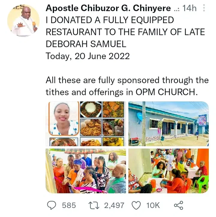 Apostle Chinyere Chibuzor donates luxurious restaurant to family of late Deborah Samuel (Photos)
