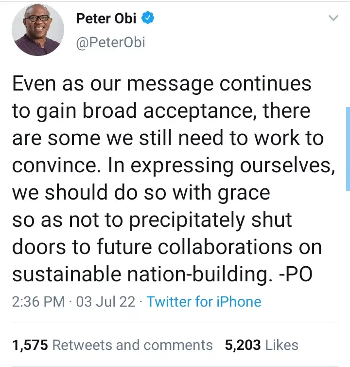 Peter Obi addresses his supporters on how to express themselves amid verbal clashes