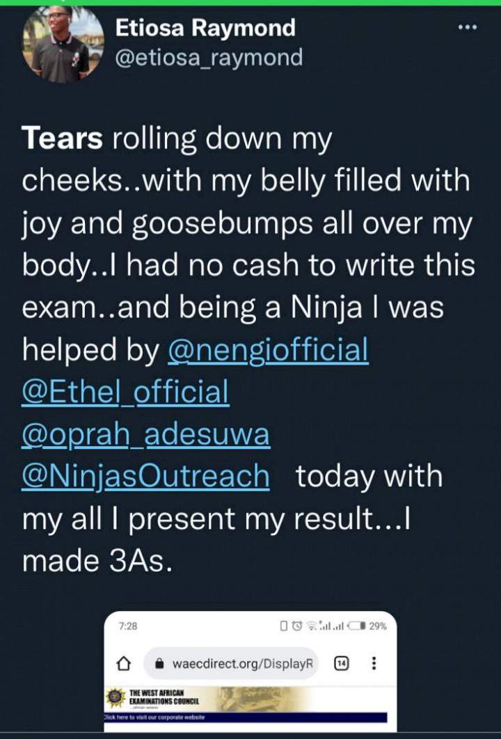 Man appreciates Nengi, Ninjas for sponsoring his WAEC exam, shows off result