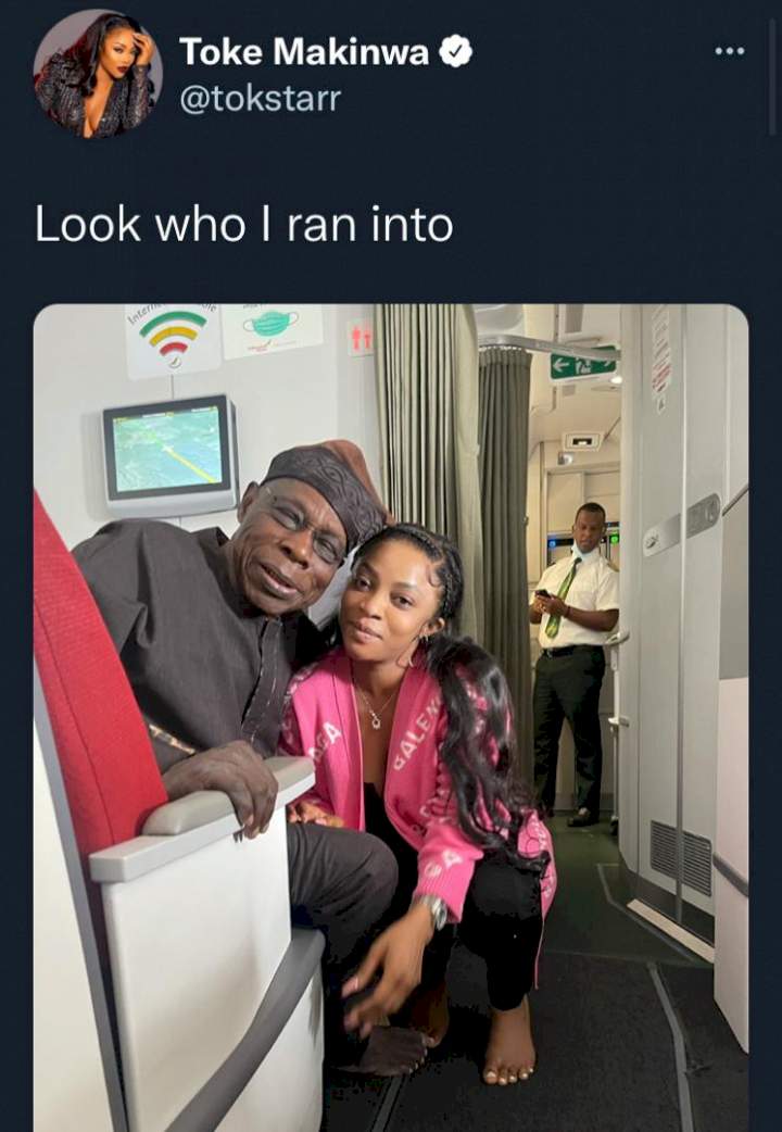 Toke Makinwa grilled over selfie with ex-president, Obasanjo, barefooted on private jet