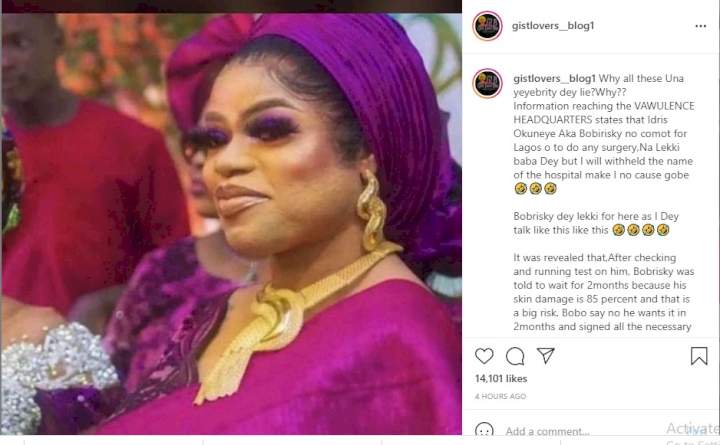 '85% of his skin is damaged' - Bobrisky exposed of having surgery in Lagos and not outside the country as claimed