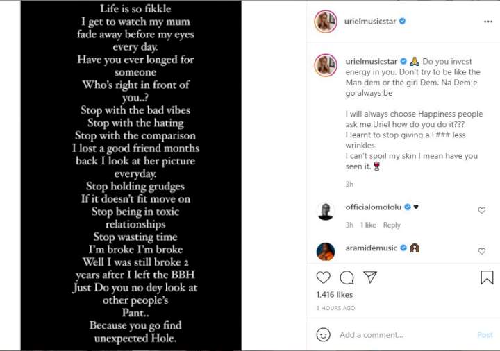 'I was still broke two years after I left BBNaija' - Reality star, Uriel opens up