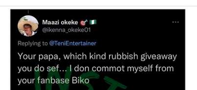 Teni knocks 'fan' who involved her late father in a conversation