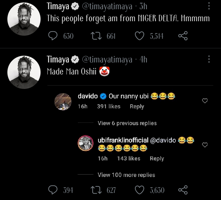 'Does anyone need a Nanny? Not Franklin tho' - Timaya writes in new post, shares screenshot of Davido describing him as 'Our Nanny'