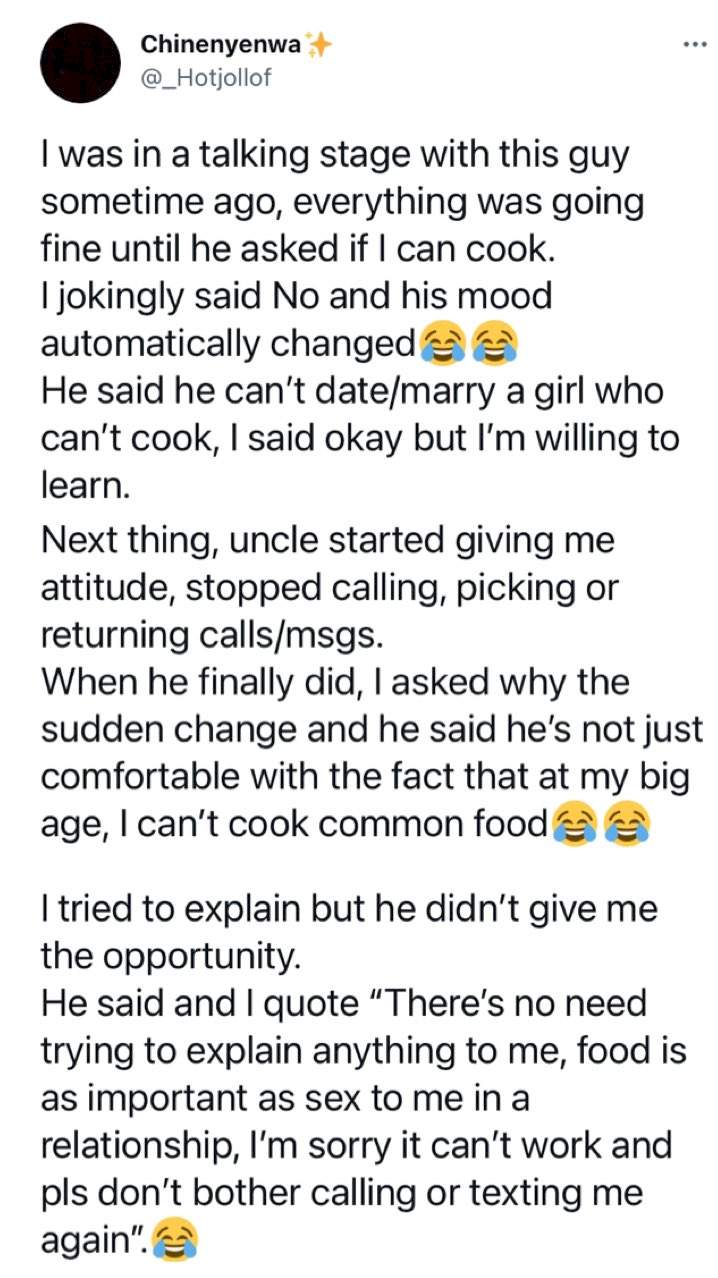 Lady narrates how she lost a relationship after she jokingly told her man that she can't cook