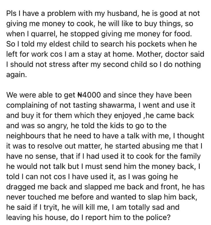 'My husband slapped me because I ordered my child to search his pockets for money' - Woman laments