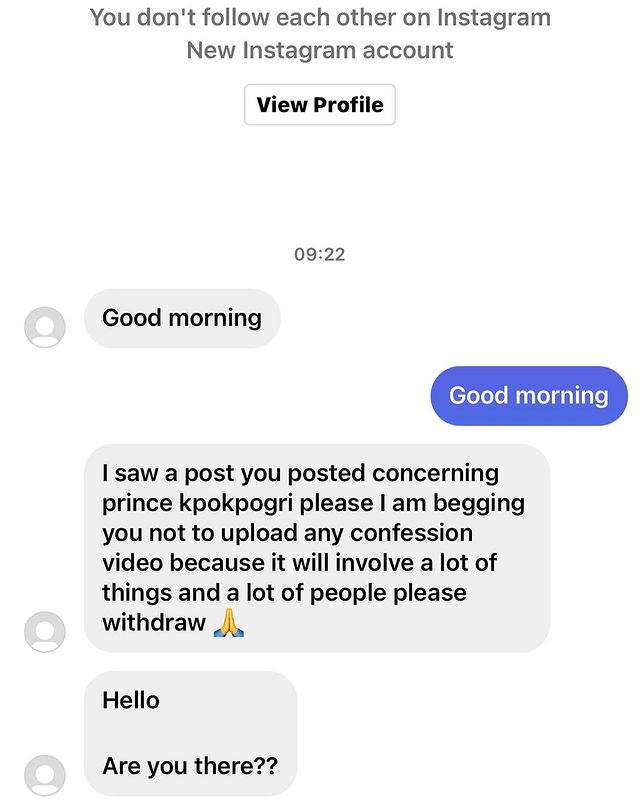 Merit Gold slams Prince Kpokpogri for begging with fake account as she threatens to release video confession