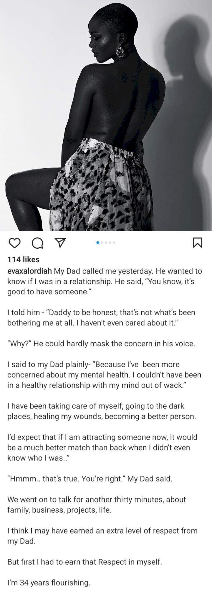 Eva Alordiah shares topless photo as she reveals conversation she had with her father about her relationship status