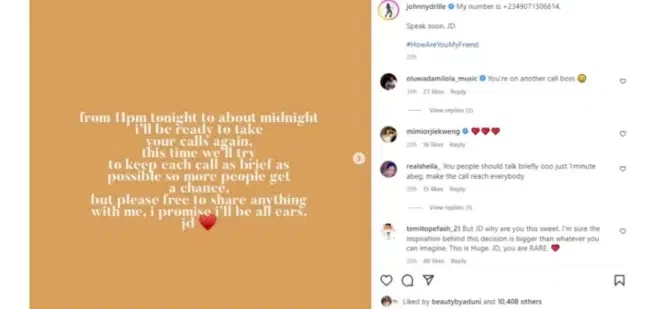 Johnny Drille melts hearts as he shares mobile number publicly to fans on IG to call him (Video)