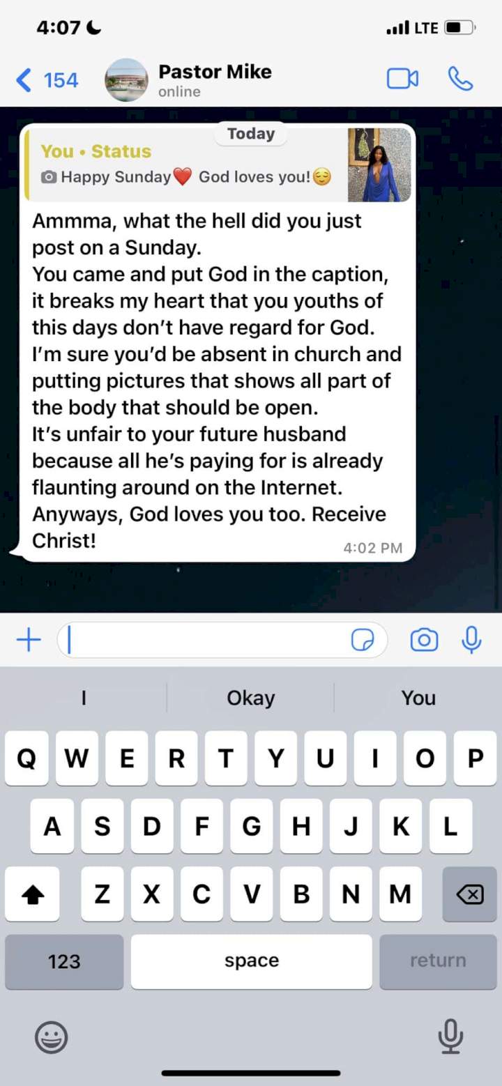 It's unfair to your future husband; you're showing off all he's paying for - Pastor extensively berates lady over sultry picture she shared