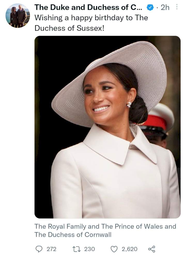 Members of the royal family celebrate Meghan Markle as she turns 41