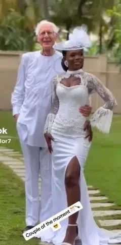 Lady causes buzz as she marries elderly Oyinbo lover, proudly flaunts him online