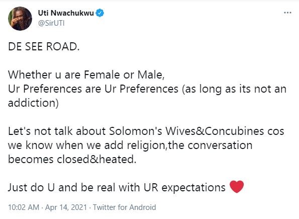 'If you leave your relationship due to cheating, then you have no business with marriage' - Uti Nwachukwu