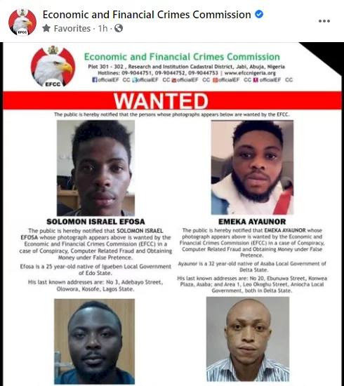 EFCC declares four men wanted for alleged computer-related fraud (photos)