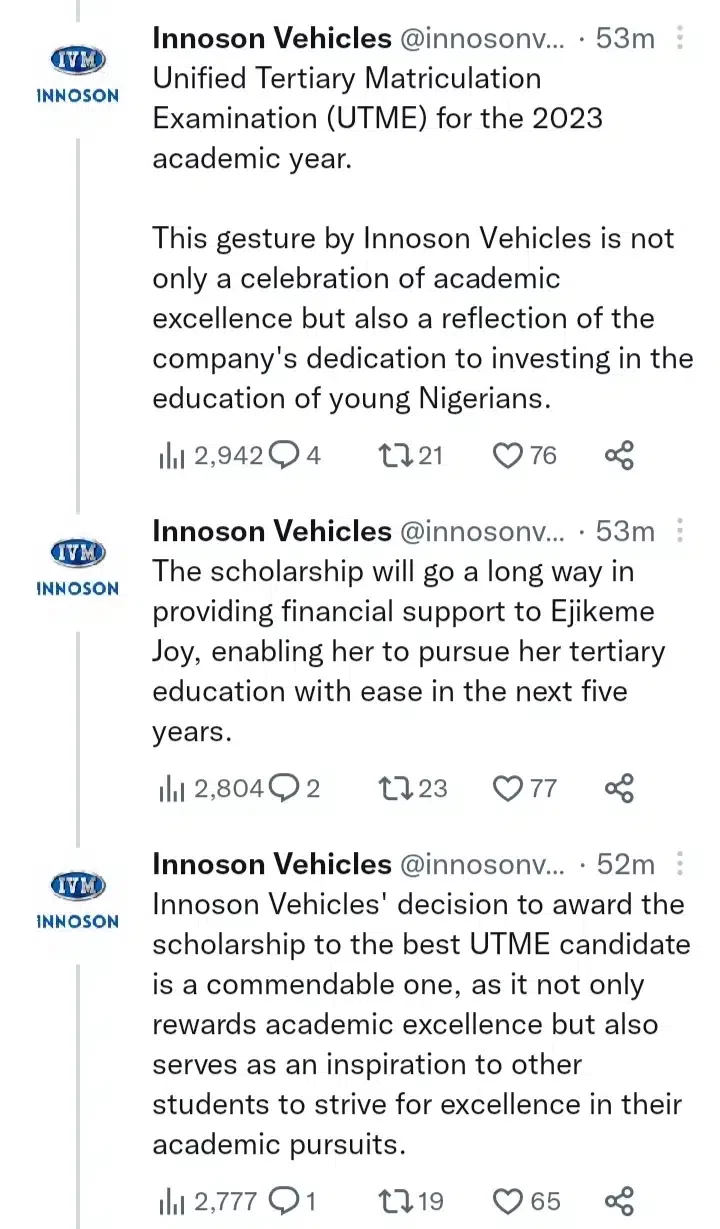 Innoson awards N3 million scholarship to overall best UTME candidate, Ejikeme Joy