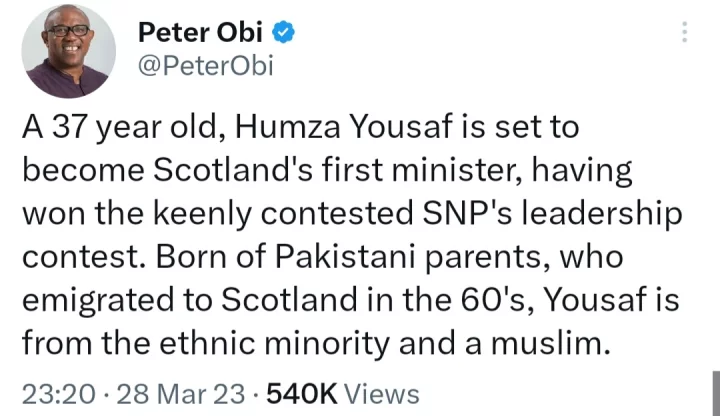 A lesson for Nigeria - Peter Obi writes as 37 year old Humza Yousaf is set to become Scotland