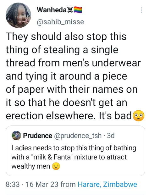 Women steal single threads from men's underwear and tie them around piece of paper with their names so they don't get erection elsewhere - Zimbabwean lady claims