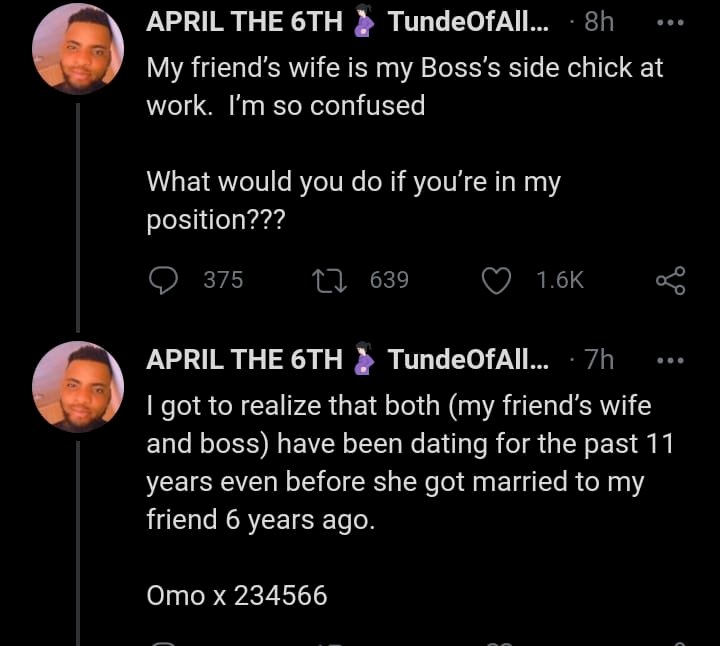 Reactions as a Twitter user seek advice after he caught his friend’s wife cheating with his boss