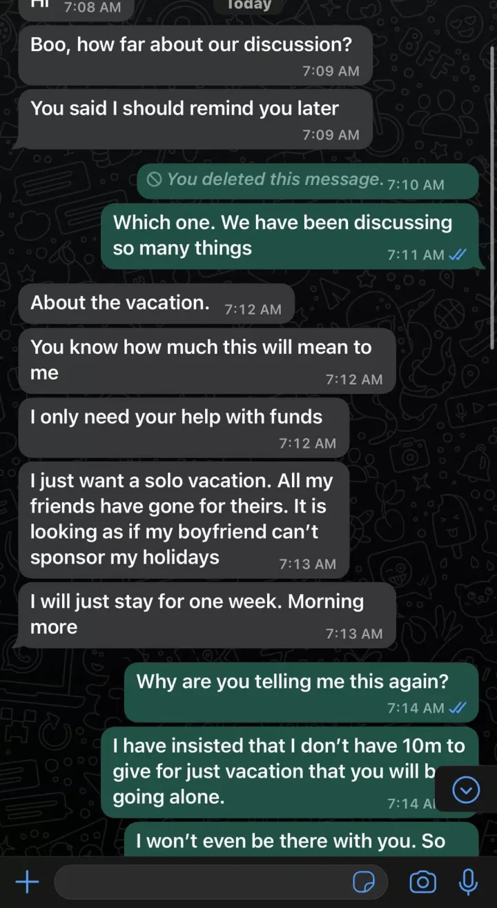 'All my friends have gone for theirs' - Lady requests ₦10m solo vacation money from boyfriend, chat stirs debate