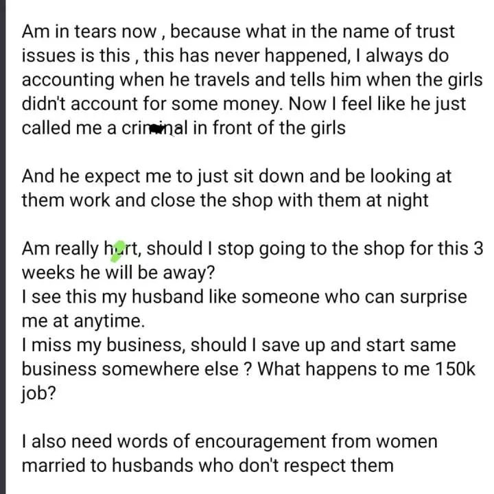 Lady laments after her husband took over business he opened for her